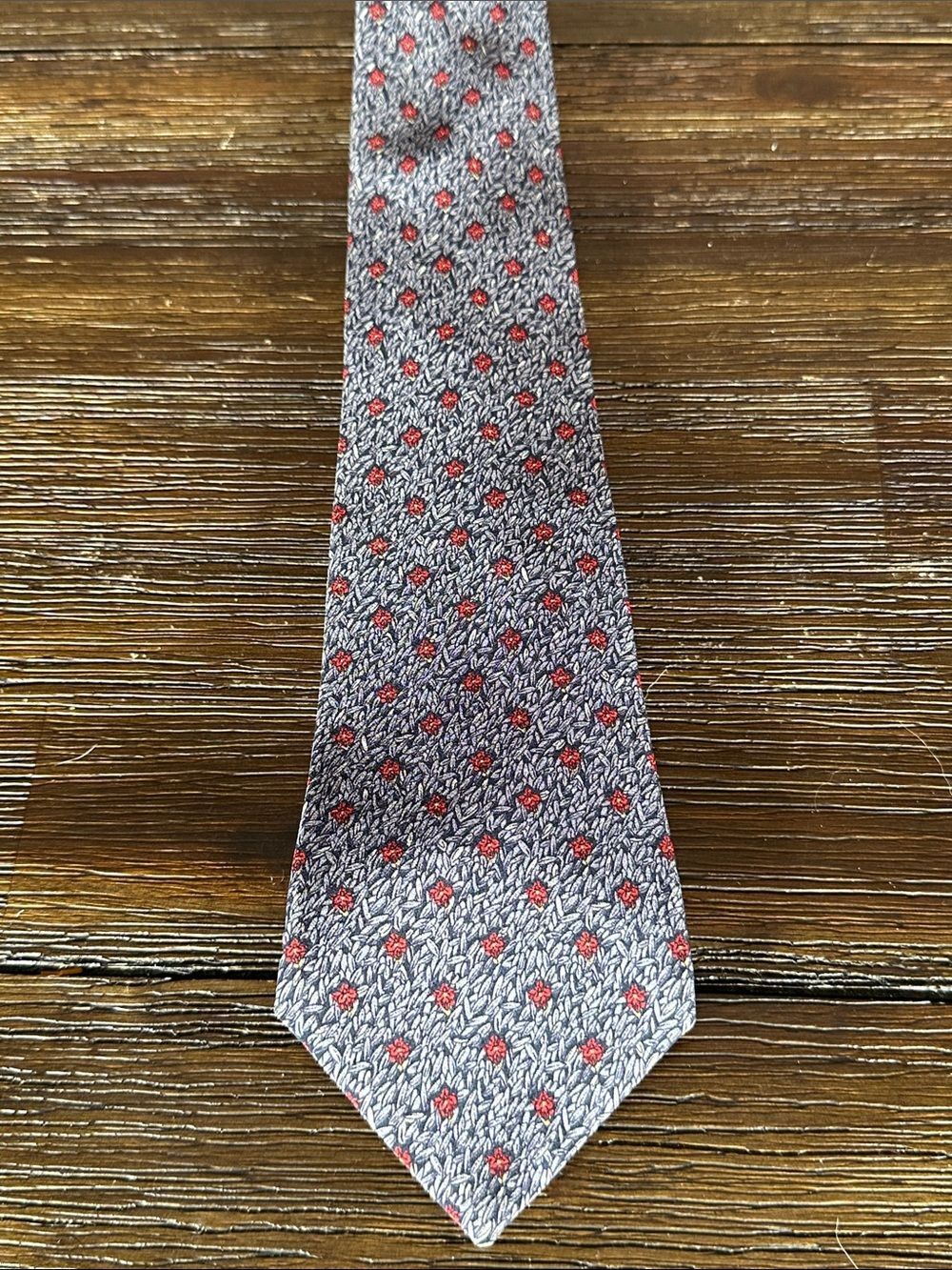 LanvinโBlue & Gray Tie with Red Micro-Dot Motif